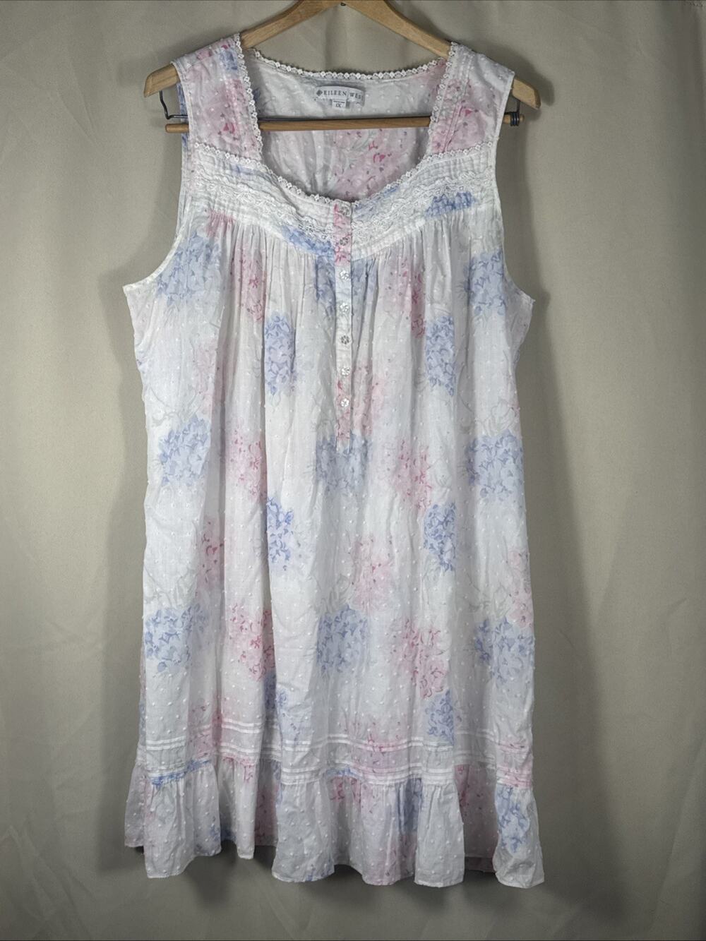 Eileen West White Pink Blue Floral Nightgown Cottagecore Prairie Cotton Women 1x